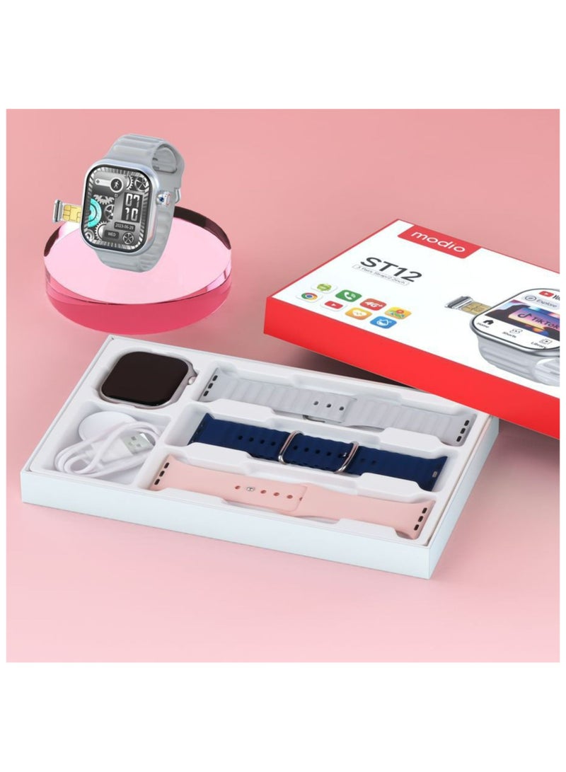 modio ST12 4G Smartwatch with 2.2-inch Display, 3 Pairs Strap, Fitness Tracker, Heart Rate & Sports Mode, Waterproof, Compatible with Android & iOS – Silver - Image 1