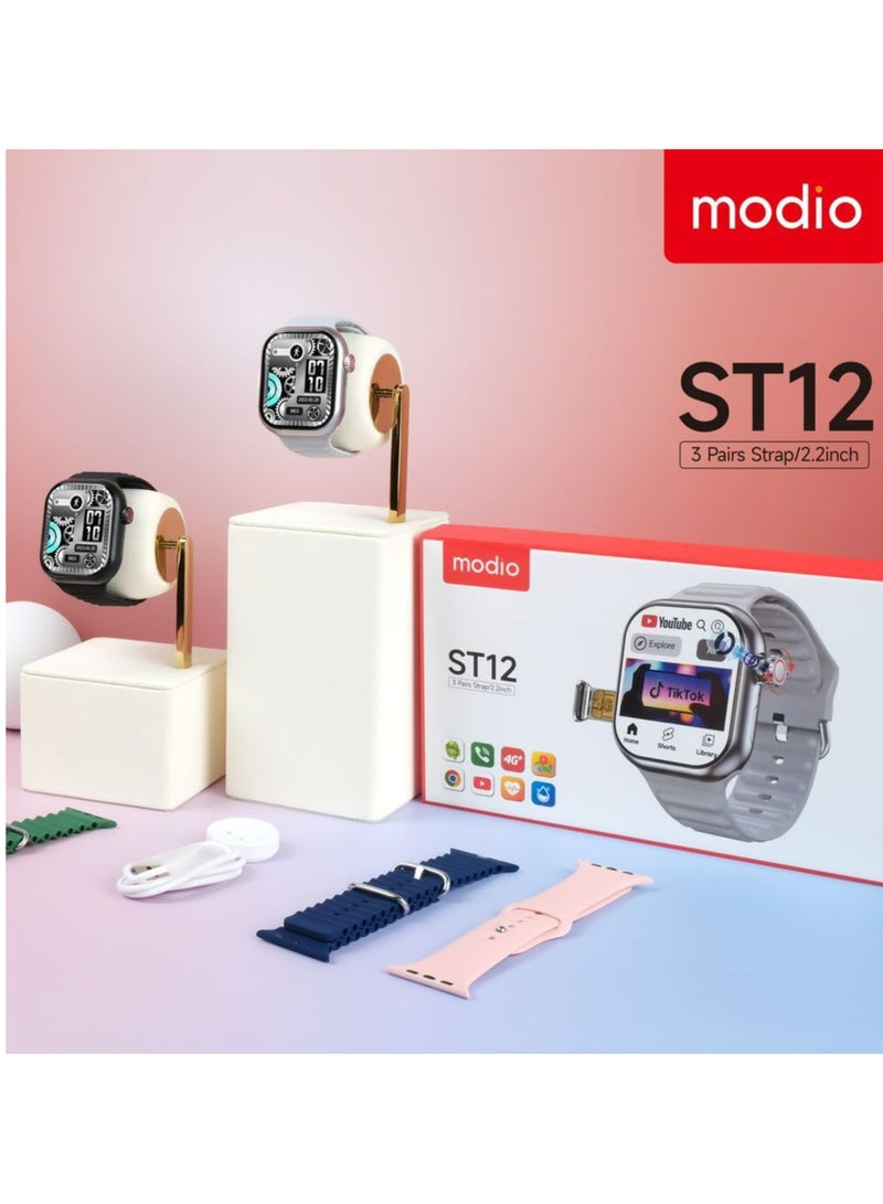 modio ST12 4G Smartwatch with 2.2-inch Display, 3 Pairs Strap, Fitness Tracker, Heart Rate & Sports Mode, Waterproof, Compatible with Android & iOS – Silver - Image 5