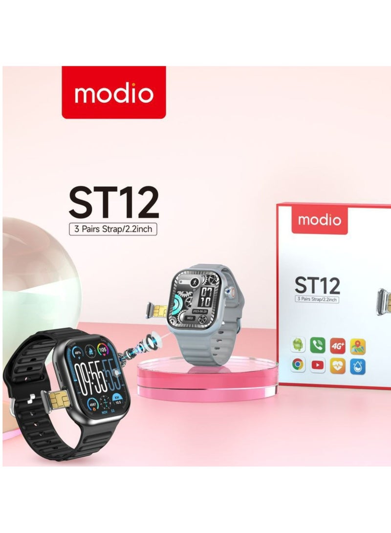 modio ST12 4G Smartwatch with 2.2-inch Display, 3 Pairs Strap, Fitness Tracker, Heart Rate & Sports Mode, Waterproof, Compatible with Android & iOS – Silver - Image 2
