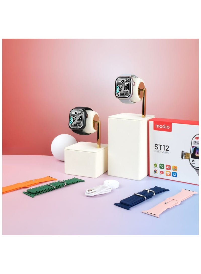 modio ST12 4G Smartwatch with 2.2-inch Display, 3 Pairs Strap, Fitness Tracker, Heart Rate & Sports Mode, Waterproof, Compatible with Android & iOS – Silver - Image 4