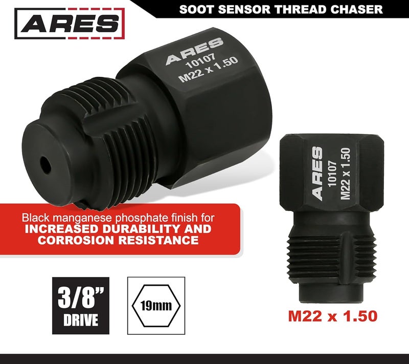 ARES 10107 – Soot Sensor Thread Chaser M22 x 1.5 – Premium Heat Treated Carbon Steel Thread Chaser Tool – 7/8-Inch Hex Head with 3/8-Inch Square Drive Design for Superior Versatility - Image 3