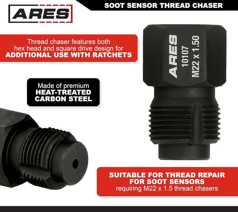 ARES 10107 – Soot Sensor Thread Chaser M22 x 1.5 – Premium Heat Treated Carbon Steel Thread Chaser Tool – 7/8-Inch Hex Head with 3/8-Inch Square Drive Design for Superior Versatility - Image 4