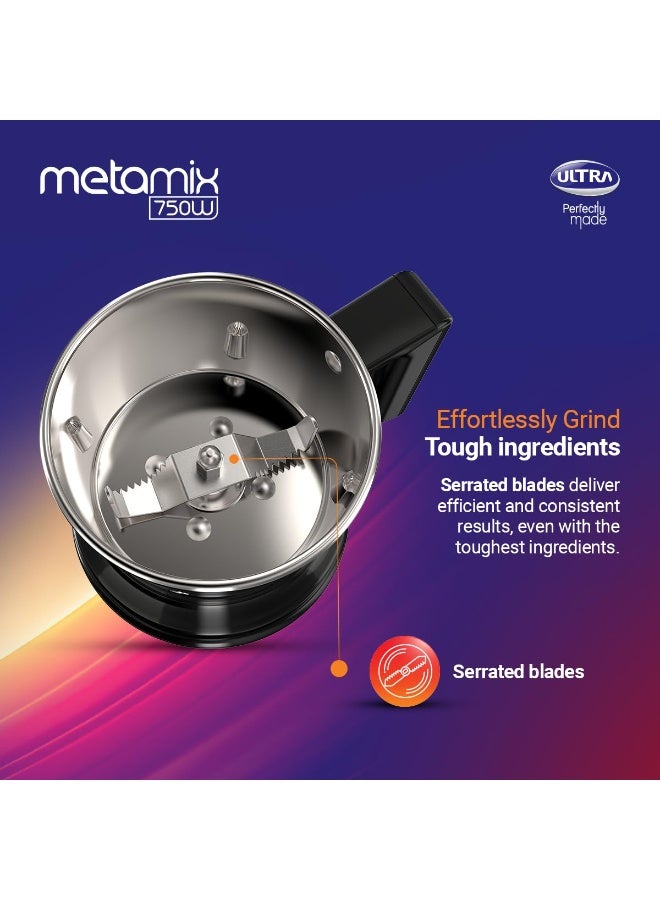 Ultra Metamix 750W 3Jar Mixer Grinder,Candy Yellow for Superfast grinding,High Speed,750 W,Safety Lock,SS304 Food Grade Jars,3 Jars(0.5L 0.8L,1.5L), ABS Body, Serrated blades, 5 Y WarrantyonMotors. - Image 3