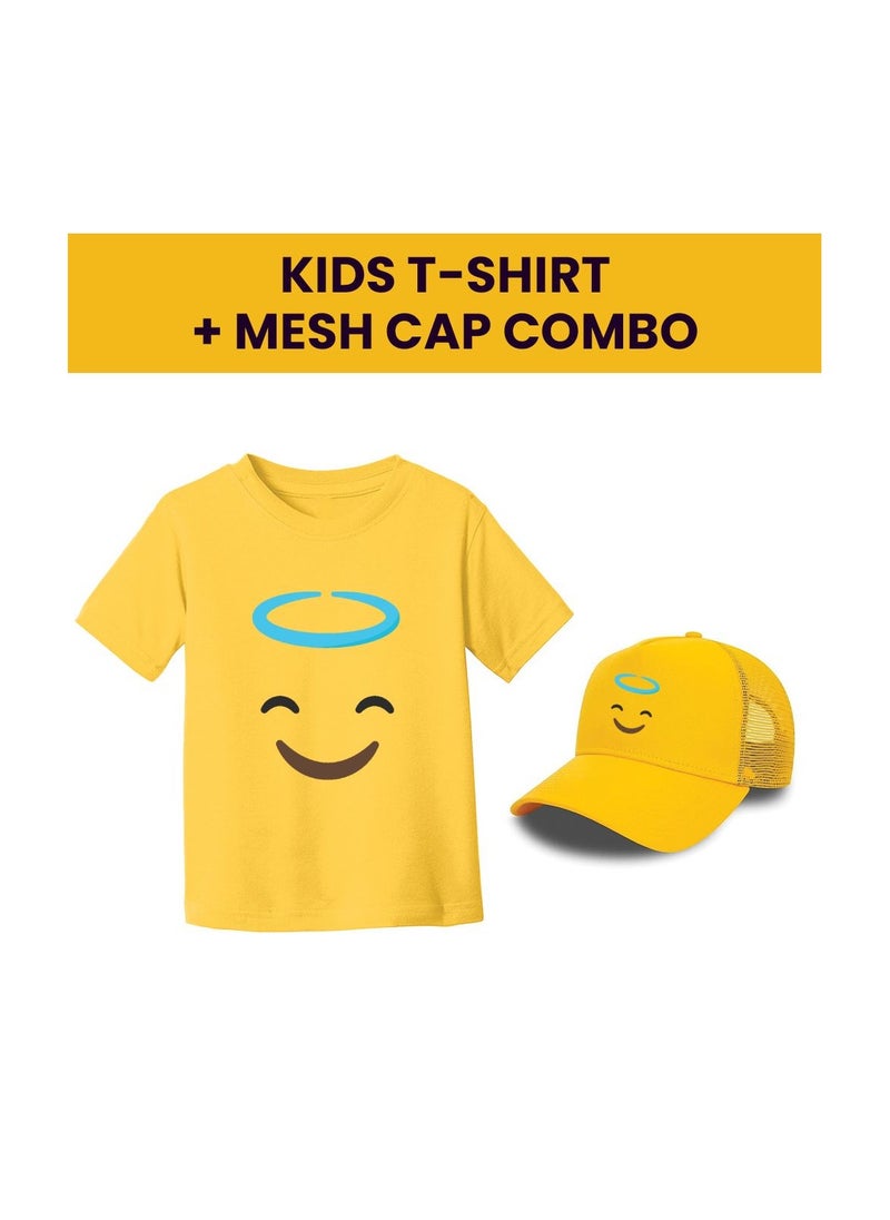 PRINTSHOP4ME - Kids Yellow Smiley Face Pack Of 2 T-Shirt And Cap Combo–Unisex Round Neck Short Sleeve Cotton T-Shirt - Image 1