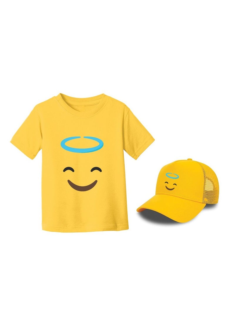 PRINTSHOP4ME - Kids Yellow Smiley Face Pack Of 2 T-Shirt And Cap Combo–Unisex Round Neck Short Sleeve Cotton T-Shirt - Image 1