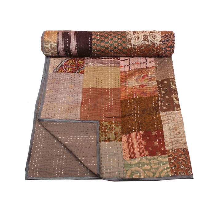 HANDICRAFT SILK KANTHA QUILT KANTHA BED COVER HANDMADE KANTHA BEDSPREAD KANTHA BLANKET THROW03 TWIN 60X90 INCHES SINGLE BED