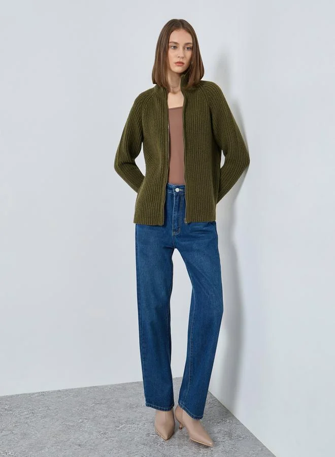 Styli Olive Regular Fit Zip Up Sweater