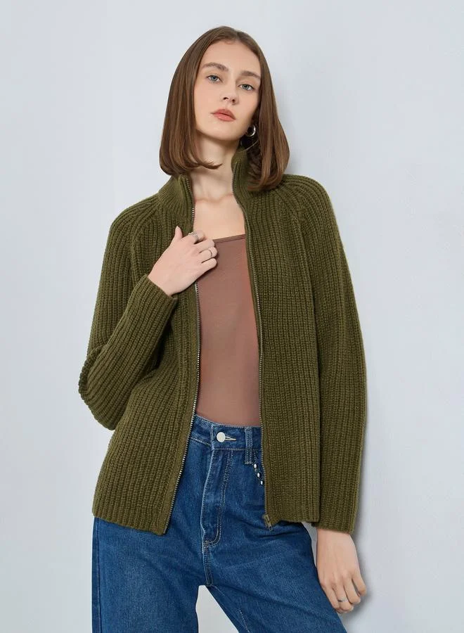 Olive Regular Fit Zip Up Sweater