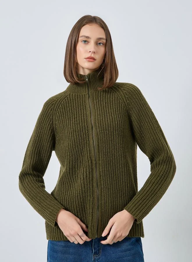 Styli Olive Regular Fit Zip Up Sweater
