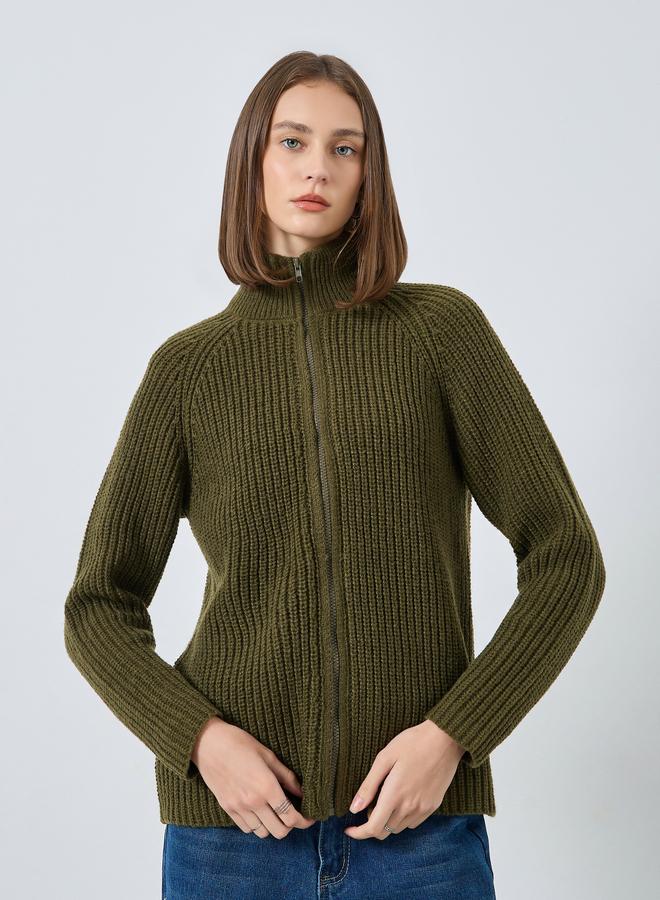 Styli Olive Regular Fit Zip Up Sweater - Image 1
