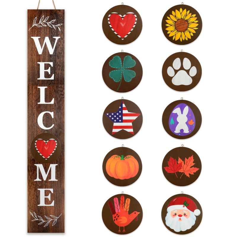 Perfnique Interchangeable Welcome sign for front porch standing, 47 x 7.9 Inch Black Wooden Leaner Sign with 10 Interchangeable Designed Icons, Modern Farmhouse Rustic Seasonal Decor for Spring Easter - Image 1