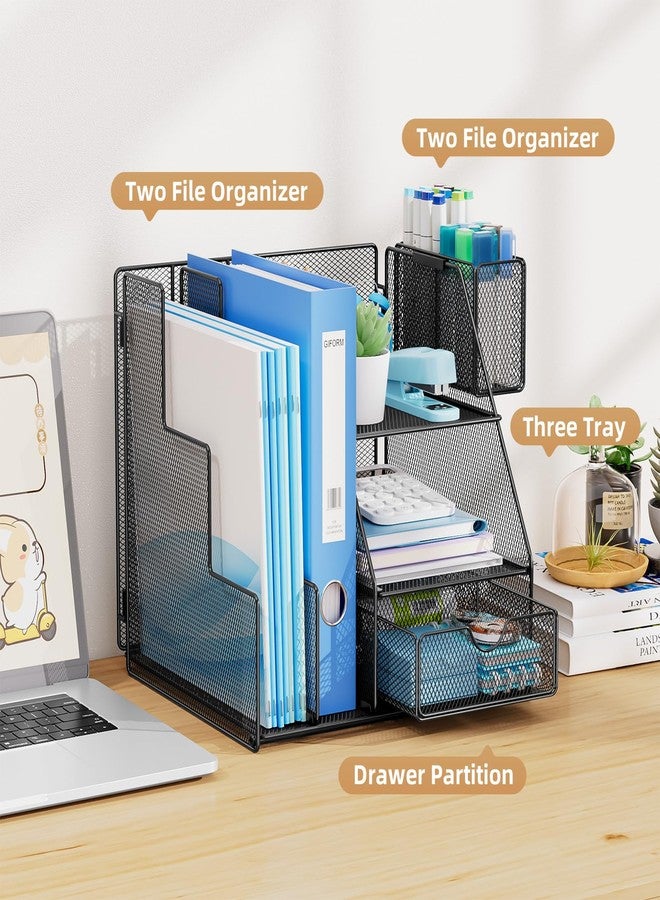 ماربراس منظم مكتب ماربراس وملحقاته، منظم ملفات ثلاثي الطبقات مع درج وحامل أقلام، منظم مكتب صغير ووحدة تخزين لمستلزمات المكتب، أسود - Image 3