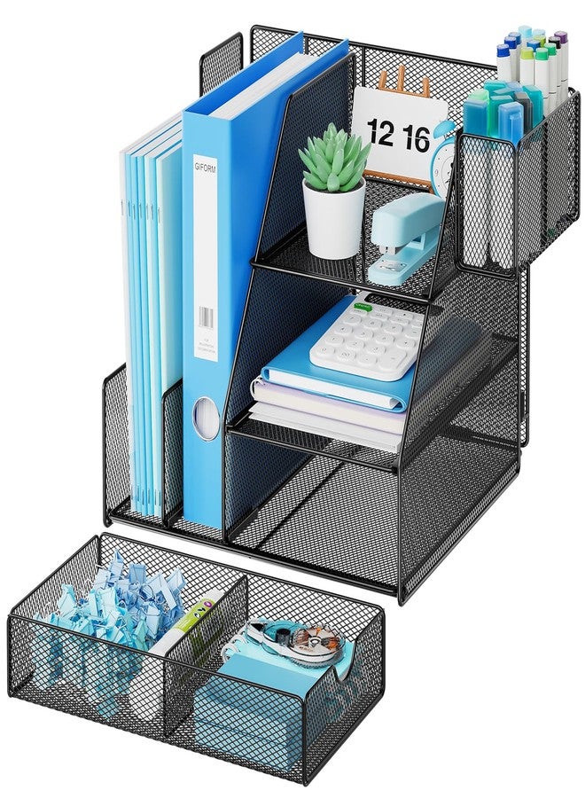 ماربراس منظم مكتب ماربراس وملحقاته، منظم ملفات ثلاثي الطبقات مع درج وحامل أقلام، منظم مكتب صغير ووحدة تخزين لمستلزمات المكتب، أسود - Image 2
