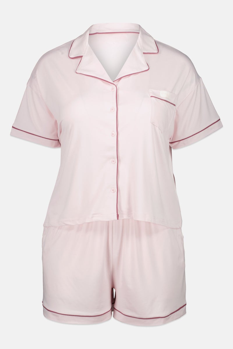 Fudo Women 2Pcs Short Sleeve Top And Shorts Pyjama Set, Pink - Image 3