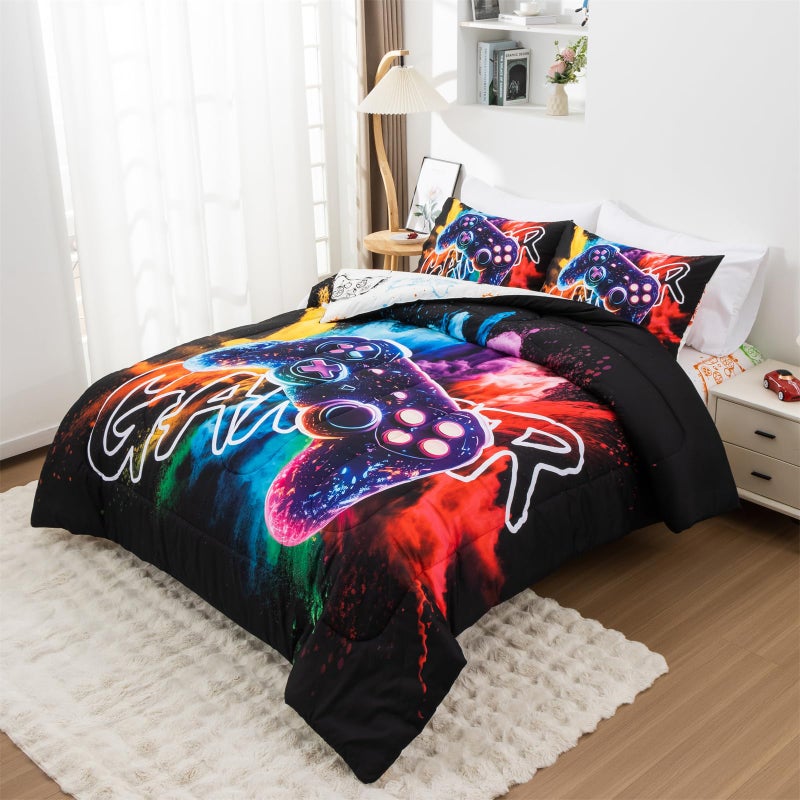 Aimuan Gamer Gaming Bedding Sets 3D Gamepad Comforter Sets for Boys Games Console Action Buttons Novelty Colorful Game Controller Modern Room Decor Home Quilt Set (Black-Purple, Twin) - Image 2