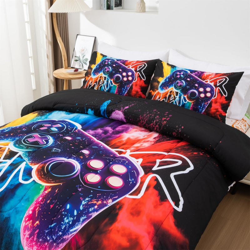 Aimuan Gamer Gaming Bedding Sets 3D Gamepad Comforter Sets for Boys Games Console Action Buttons Novelty Colorful Game Controller Modern Room Decor Home Quilt Set (Black-Purple, Twin) - Image 4