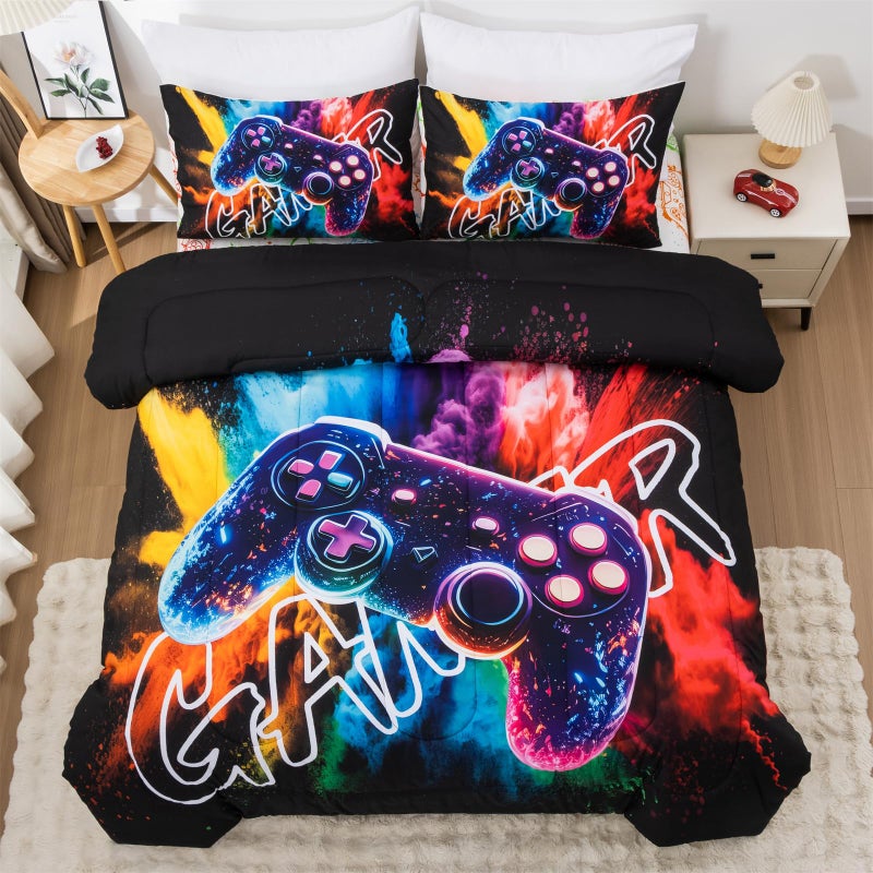 Aimuan Gamer Gaming Bedding Sets 3D Gamepad Comforter Sets for Boys Games Console Action Buttons Novelty Colorful Game Controller Modern Room Decor Home Quilt Set (Black-Purple, Twin) - Image 3