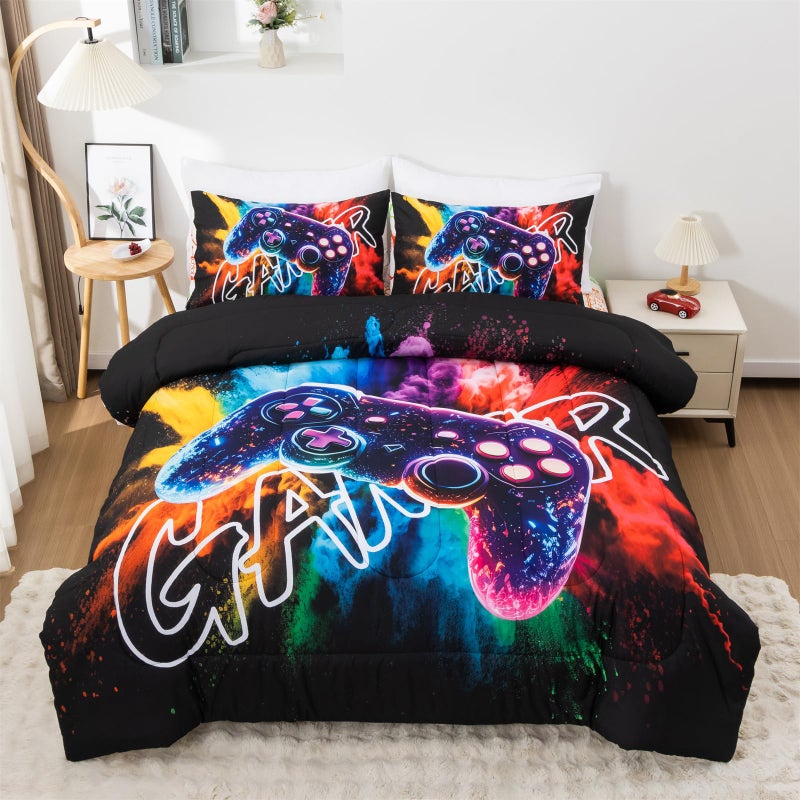 Aimuan Gamer Gaming Bedding Sets 3D Gamepad Comforter Sets for Boys Games Console Action Buttons Novelty Colorful Game Controller Modern Room Decor Home Quilt Set (Black-Purple, Twin) - Image 1