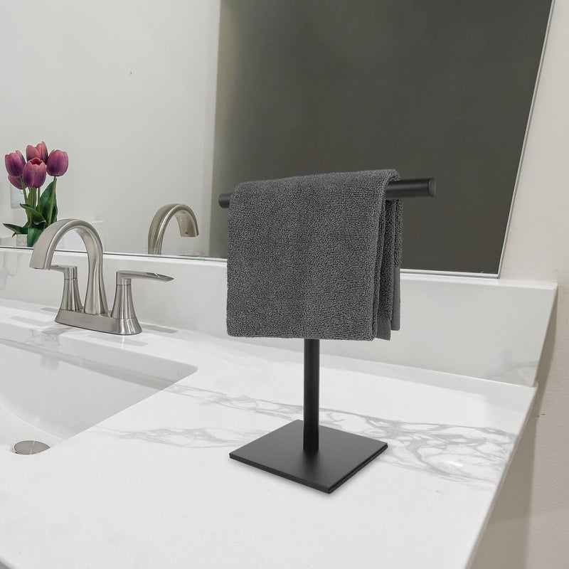 Homoyoyo Stainless Steel Hand Towel Holder Stand T-Shaped Balanced Base Bathroom Countertop Towel Rack Organizer Matte Black for Vanity and Kitchen - Image 4