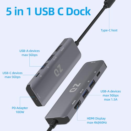 QZ [4K 60Hz, 5 in 1] QZ USB-C Hub with HDMI 4K 60Hz, USB Type-C Dock Laptop Docking Station with Power Delivery 100W, USB 3.0, USB-C 5Gbps for PC, Laptop, Phones and Office Work Stations [Aluminum] - Image 3