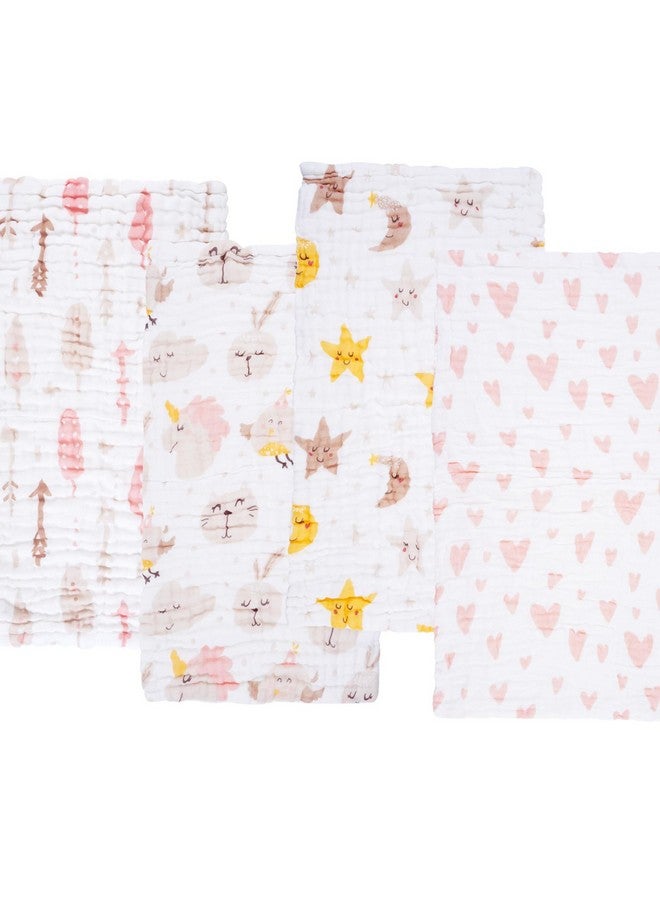 Viviland Baby Muslin Burp Cloths, 10 x 20 inches 6-Layer Baby Bath Towels, 100% Cotton Super Absorbent Washcloths for Baby Girl and Boy, Pink Heart & Star Pattern 4 Pack - Image 4
