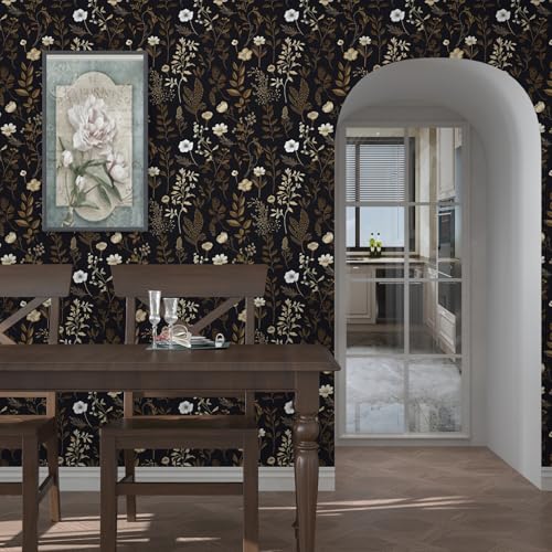 VOLEAAR Extra Long Moody Floral Wallpaper Peel and Stick, 17.5In x 393In Black Dark Gold Botanical Removable Contact Paper for Bedroom Bathroom Kitchen Cubicle, Boho Flower Wall Paper Brown Taupe - Image 3