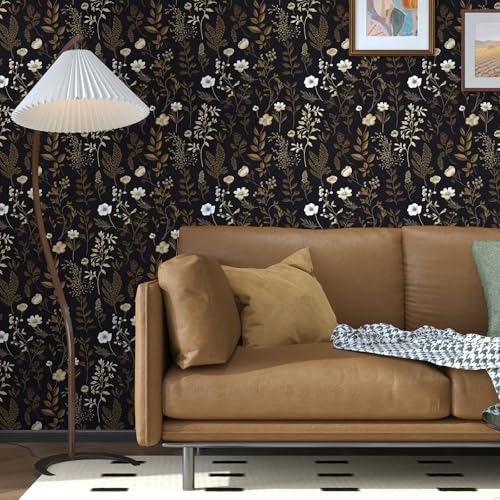 VOLEAAR Extra Long Moody Floral Wallpaper Peel and Stick, 17.5In x 393In Black Dark Gold Botanical Removable Contact Paper for Bedroom Bathroom Kitchen Cubicle, Boho Flower Wall Paper Brown Taupe - Image 4