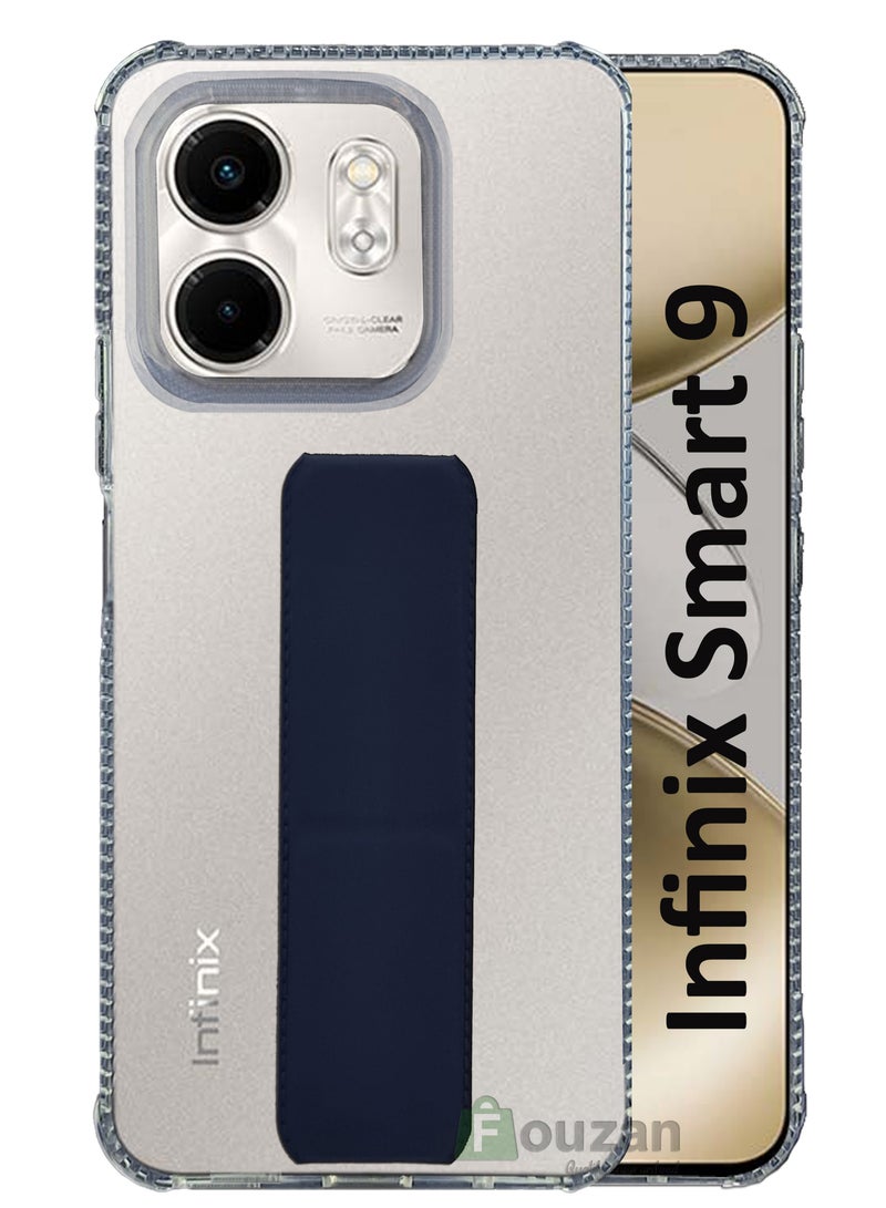 For Infinix Smart 9 Transparent Shock Proof Silicone- Magnetic Case With Hand Grip Holder & Kickstand -Clear/Navy Blue - Image 1