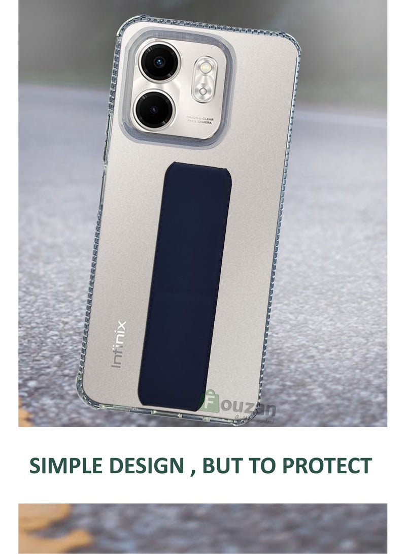 For Infinix Smart 9 Transparent Shock Proof Silicone- Magnetic Case With Hand Grip Holder & Kickstand -Clear/Navy Blue - Image 3