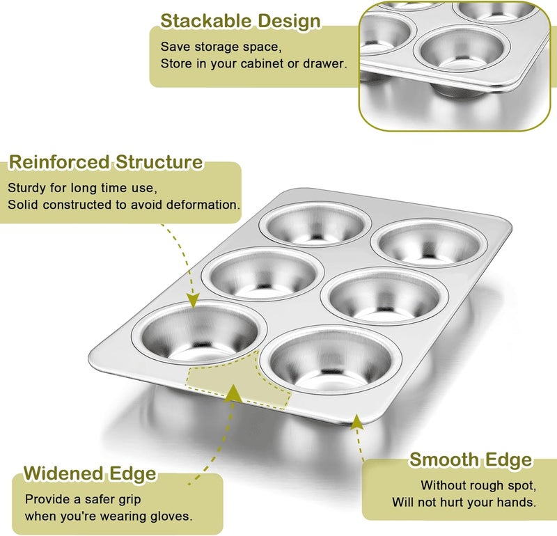 P&P CHEF Muffin Pan Cupcake Baking Pan, 6-Cups Mini Stainless Steel Muffin Tray, Metal Cupcake Pan for Cake Tart Brownie Quiche, Food Safety & Heavy Duty, Easy Release & Dishwasher Safe - Image 3