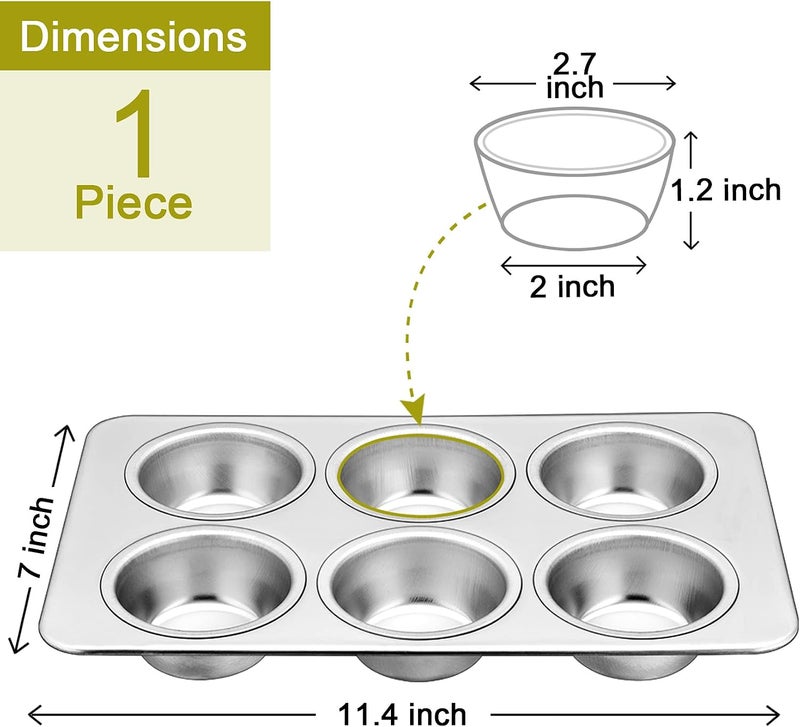 P&P CHEF Muffin Pan Cupcake Baking Pan, 6-Cups Mini Stainless Steel Muffin Tray, Metal Cupcake Pan for Cake Tart Brownie Quiche, Food Safety & Heavy Duty, Easy Release & Dishwasher Safe - Image 2