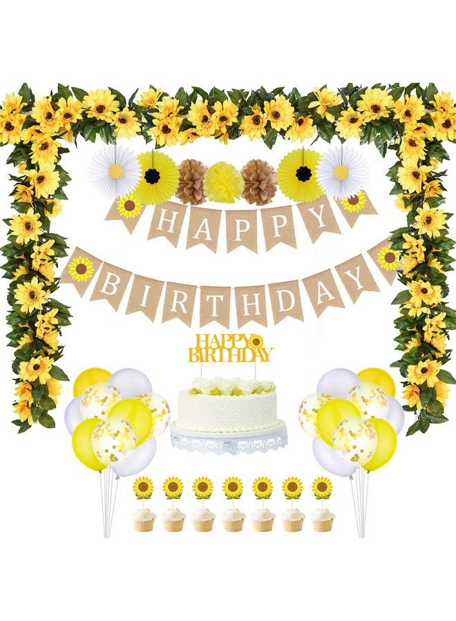 Sumind 33 Pieces Sunflower Party Supplies Sunflower Happy Birthday Banner Big Cake Topper Yellow Sunflower Cupcake Topper Sunflower Garland Tissue Paper Fans Paper Pom Poms Colorful Balloon For Party - Image 2