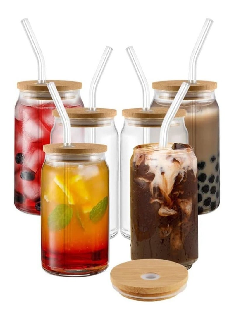 SYOSI Glass Cans with Bamboo Cover 6 Pack 500ml Can Shaped Glass Glass Cups Transparent Water Cup Juice Drink Cup Drinking Cups with Straw for Water and Mixed Drink for Any Drink and Any Occasion - Image 1