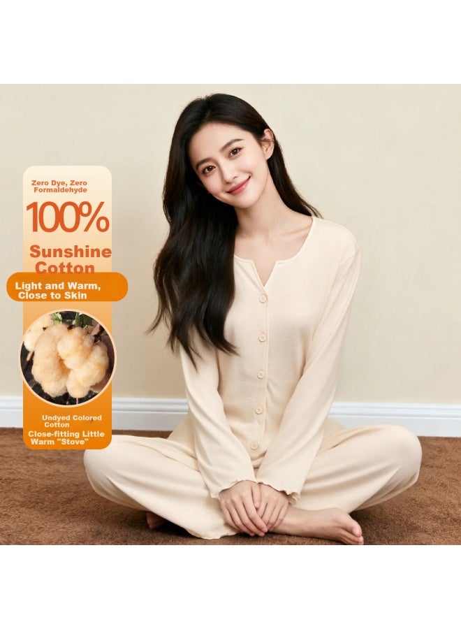Top melon Dingguagua Women's Spring Summer Pure Cotton V-neck Button-down Long Sleeve Colored Cotton Pajamas Homewear Color Cotton Beige Size 175 - Image 1
