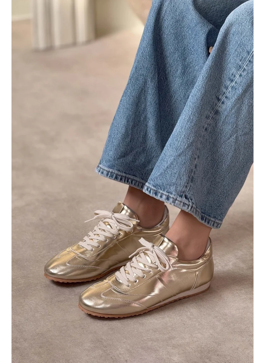 Nişantaşı Shoes Helen Gold Metallic Flat Sole Women's Lace-Up Sports Shoes
