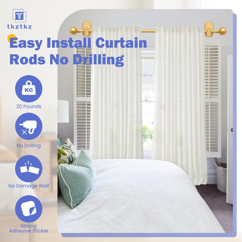TKZTKZ Curtain Rods No Drilling for Windows 32 to 45 Inch:No Drill Small Gold Curtain Rod with Adhesive Brackets for Bedroom,5/8" Apartment Renter Friendly Adjustable Drapery Rods Easy Install - Image 3