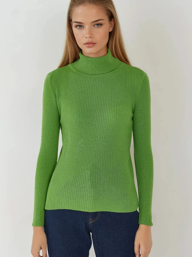 My Fashion Forest Green MY FASHION Fitted Textured Turtleneck Sweater for Women | Best Price UAE