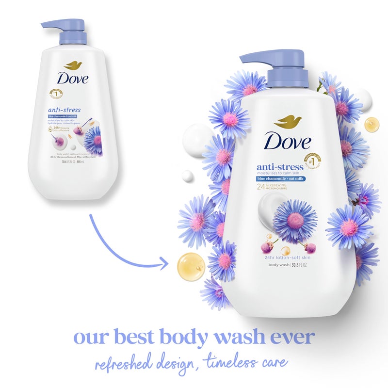 Dove غسول الجسم دوف مع مضخة مضاد للتوتر بخلاصة البابونج الأزرق وحليب الشوفان، لترطيب البشرة الناعمة لمدة 24 ساعة - منظف للبشرة مرطب بدون كبريتات وبدون بارابين 30.6 أونصة - قد يختلف التعبئة والتغليف - Image 3