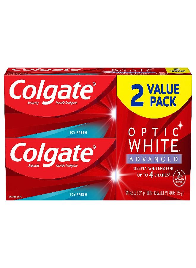 Colgate Optic White Advanced Teeth Whitening Toothpaste, 2% Hydrogen Peroxide Toothpaste, Icy Fresh, 4.5 Oz, 2 Pack - Image 1