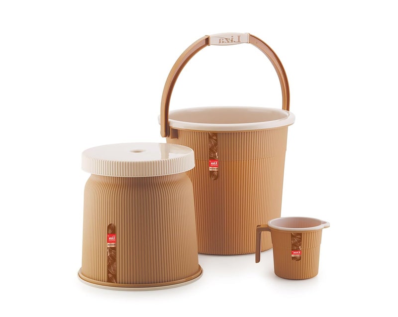 Liza Newton Bathroom Accessories Set Plastic Bath Set Bathroom Bucket, Mug, Stool 3 Pieces Combo Set for Home, Kitchen & Bathroom (Pack of 3) Bathroom Accessories Set (Beige)