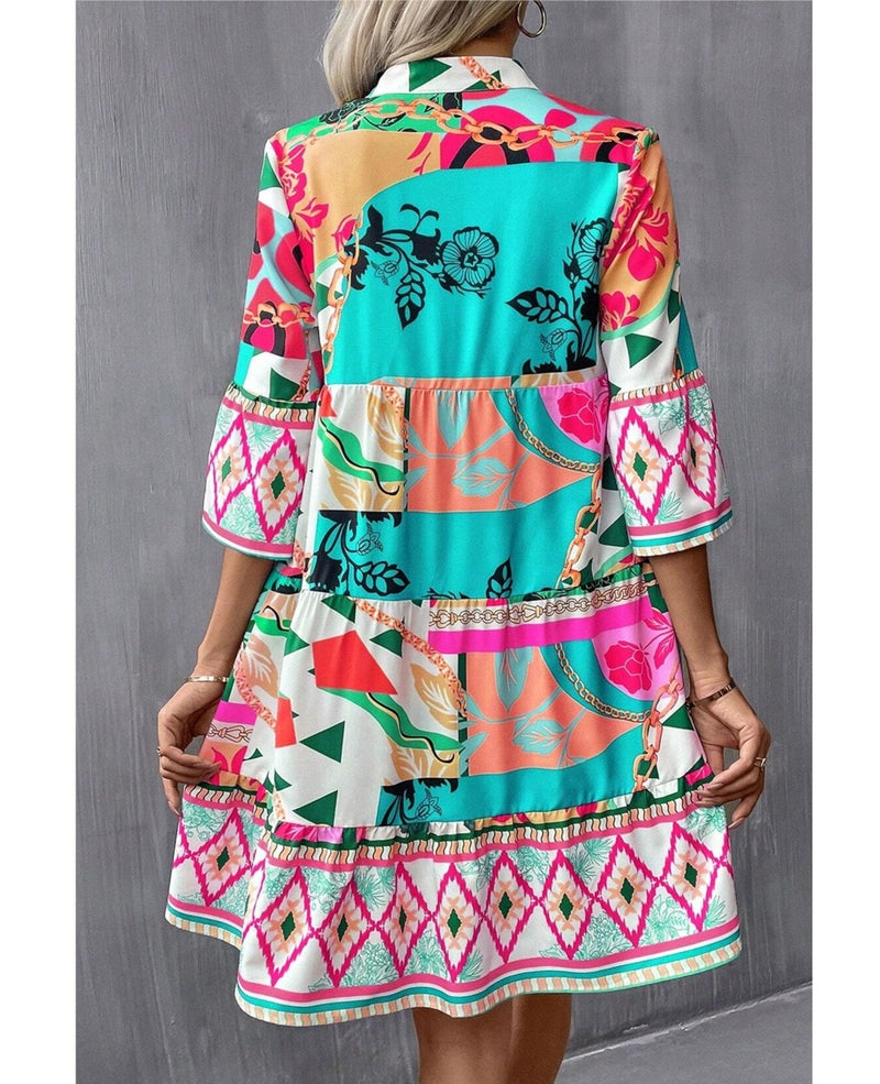 SELINK Womens Long Sleeve Dresses Casual V Neck Tribal Print Button Flowy Boho Mini Beach Dress Multicolour-S - Image 2