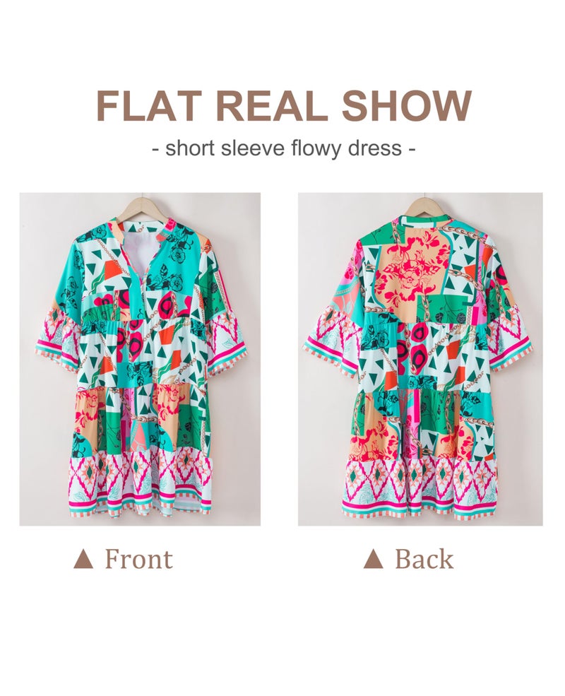 SELINK Womens Long Sleeve Dresses Casual V Neck Tribal Print Button Flowy Boho Mini Beach Dress Multicolour-S - Image 3