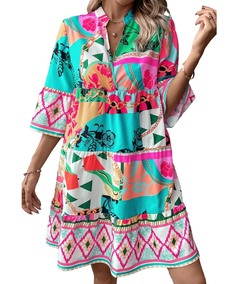 SELINK Womens Long Sleeve Dresses Casual V Neck Tribal Print Button Flowy Boho Mini Beach Dress Multicolour-S - Image 1