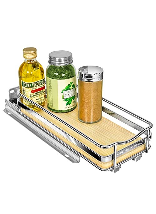 LYNK PROFESSIONAL LYNK PROFESSIONAL lite Pull Out Spice Rack Organizer for Inside Kitchen Cabinets  414 inch Wide  Slide Out Drawer  WoodChrome Sliding Spice Cabinet Organization Shelf Racks  1 Tier 