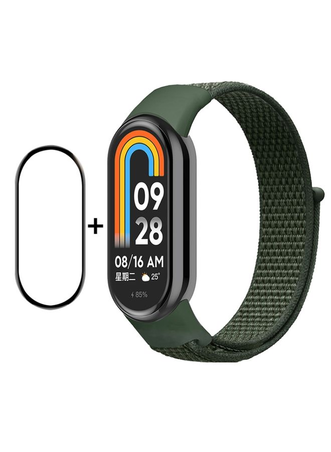 Replacement Strap For Xiaomi Mi Band 8 ENKAY Hat-Prince 2 in 1 Set Full Coverage Screen Protector + Nylon Loop Watch Band Army Green
