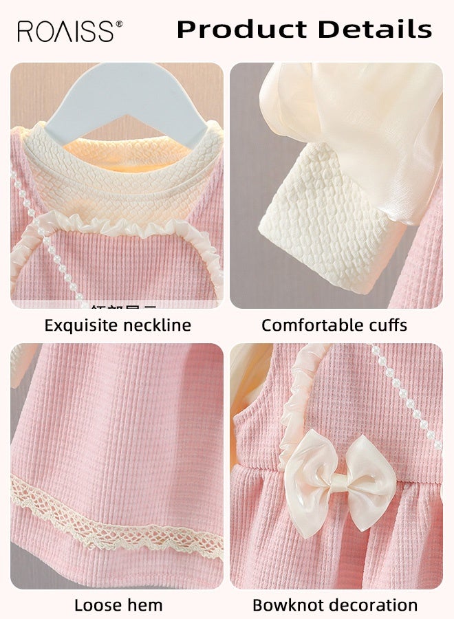 roaiss 4PCS Girls Fall Spring Outfit, Stylish Puff Sleeve Top, Strappy Dress and Leggings Set with Small Crossbody Bag, Skin-friendly Clothes Set for Toddler Girls, Suitable for Daily Wear, Performances or Any Occasion - Image 4