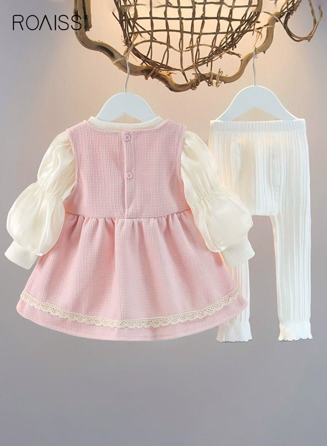 roaiss 4PCS Girls Fall Spring Outfit, Stylish Puff Sleeve Top, Strappy Dress and Leggings Set with Small Crossbody Bag, Skin-friendly Clothes Set for Toddler Girls, Suitable for Daily Wear, Performances or Any Occasion - Image 2