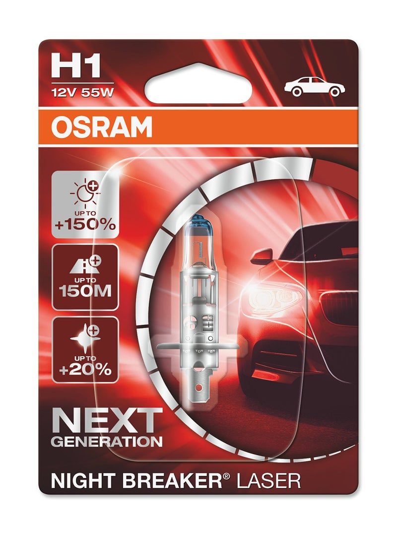 OSRAM NIGHT BREAKER LASER H1, next generation, 150% more brightness, halogen headlamp, 64150NL-01B, 12V, passenger car, single blister (1 lamp) - Image 1