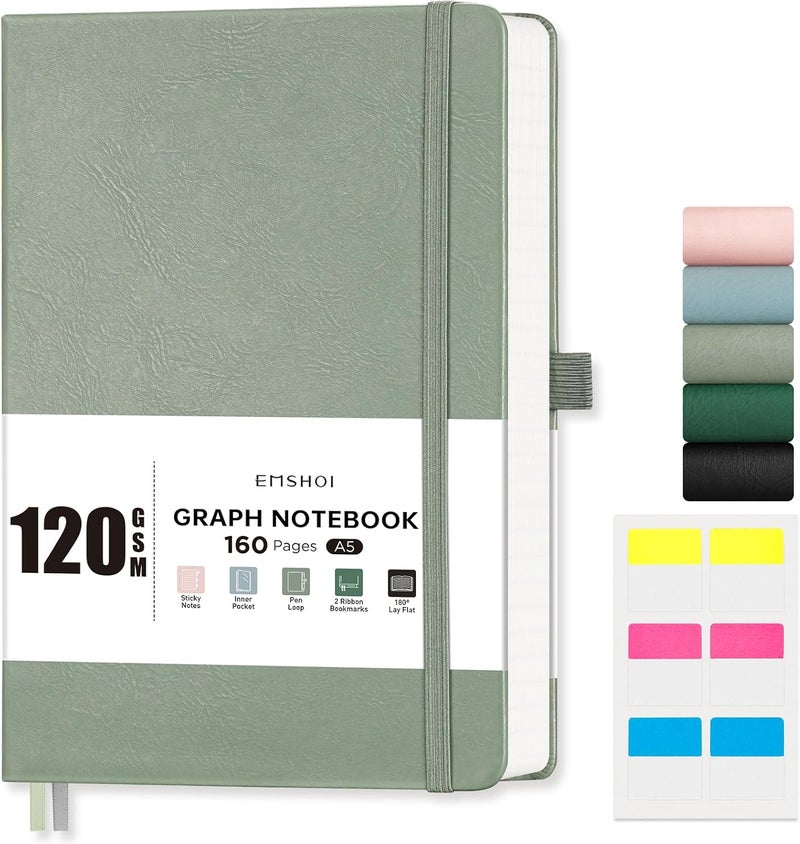 EMSHOI A5 Notebook Graph Paper - 120 GSM Hardcover Leather Squared Journal with Sticky Notes, 160 Pages Grid Notebook for Women Men Work School Graphing, Engineering, 14.5 X 21 cm - Light Green - Image 1