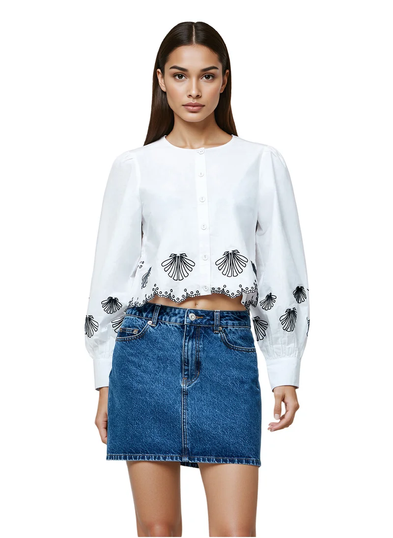 فرنش كونكشن Embroidered Regular Cotton High Neck Shirt